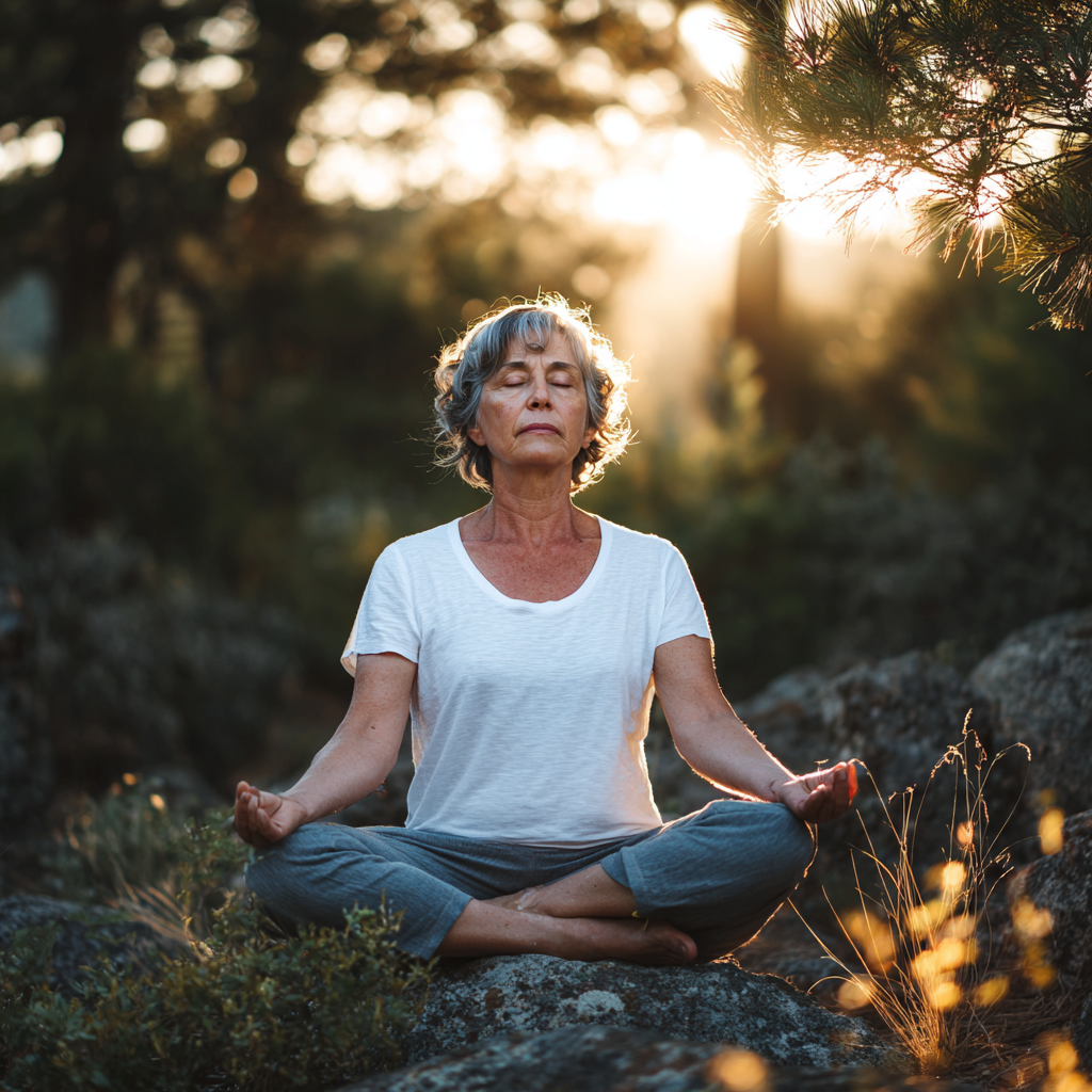 mature woman practicing yoga meditation in peaceful natural setting