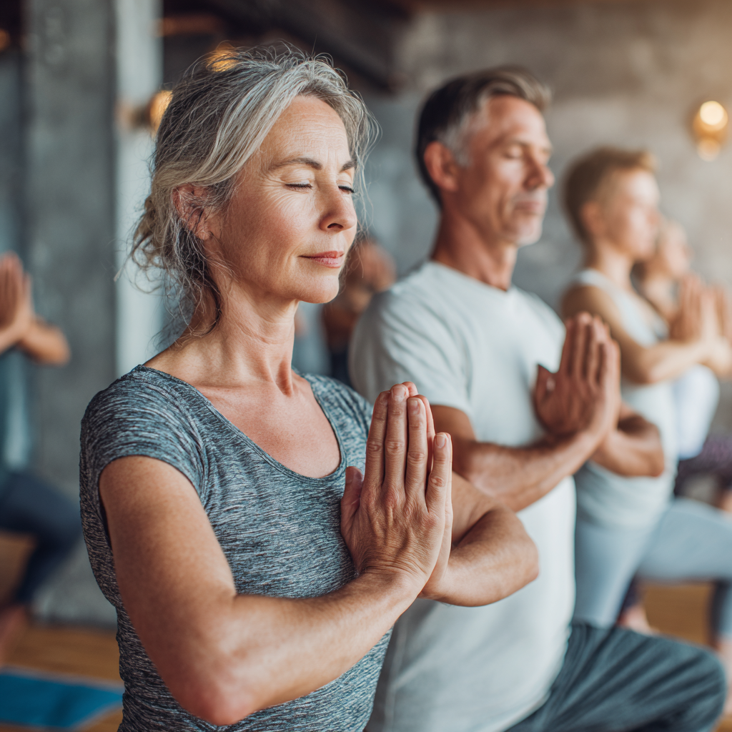 middle-aged adults practicing gentle yoga poses together in peaceful studio environment